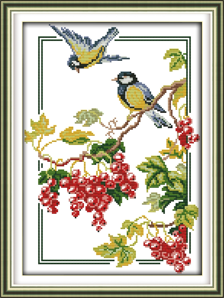 bird-1039 *สินค้าหมด* ชุดปักครอสติช ลายนกน้อยเกาะช่อเบอรี่ ขนาด 36*47 ซม.ผ้าครอสติช 11CTพิมพ์ลายปักบนผ้า ไหมคอตตอน 18 สี ผังลาย เข็ม