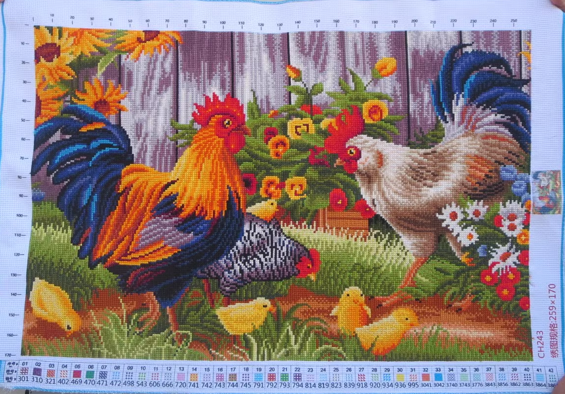 kai-1025 *สินค้าหมด* ชุดปักครอสติช ลายครอบครัวไก่ (ปักเต็มผืนผ้า ไม่มีเดินเส้น ผ้า9CTพิมพ์ลาย มีประกาย ปัก 4 เส้นเล็ก) ขนาด 85*60 ซม.ผ้าครอสติช 9CTพิมพ์ลายปักบนผ้า ไหมคอตตอน 42 สี ผังลาย เข็ม
