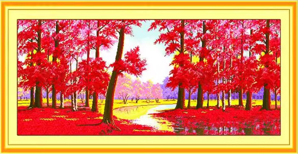 view-1167 *สินค้าหมด* ชุดปักครอสติช ลายวิวป่าเมเปิลแดง (ไม่มีเดินเส้น ผ้า11CTพิมพ์ลาย ปัก 3 เส้นเล็ก) ขนาด 100*40 ซม.ผ้าครอสติช 11CTพิมพ์ลายปักบนผ้า ไหมคอตตอน 30 สี ผังลาย เข็ม