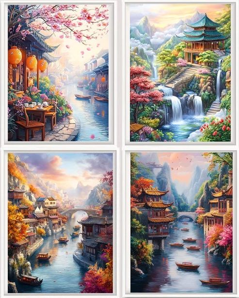 home-1011 *พร้อมส่ง* ชุดปักครอสติช ลายเซต 4 ชิ้น บ้านริมคลอง 4 ฤดู (ปักเต็มผืนผ้า ไม่มีเดินเส้น ผ้า11CTพิมพ์ลาย ปัก 3 เส้นเล็ก) ขนาดภาพละ 50*70 ซม.ผ้าครอสติช 11CTพิมพ์ลายปักบนผ้า+ไหมคอตตอน 137 สี+ผังลาย+เข็ม