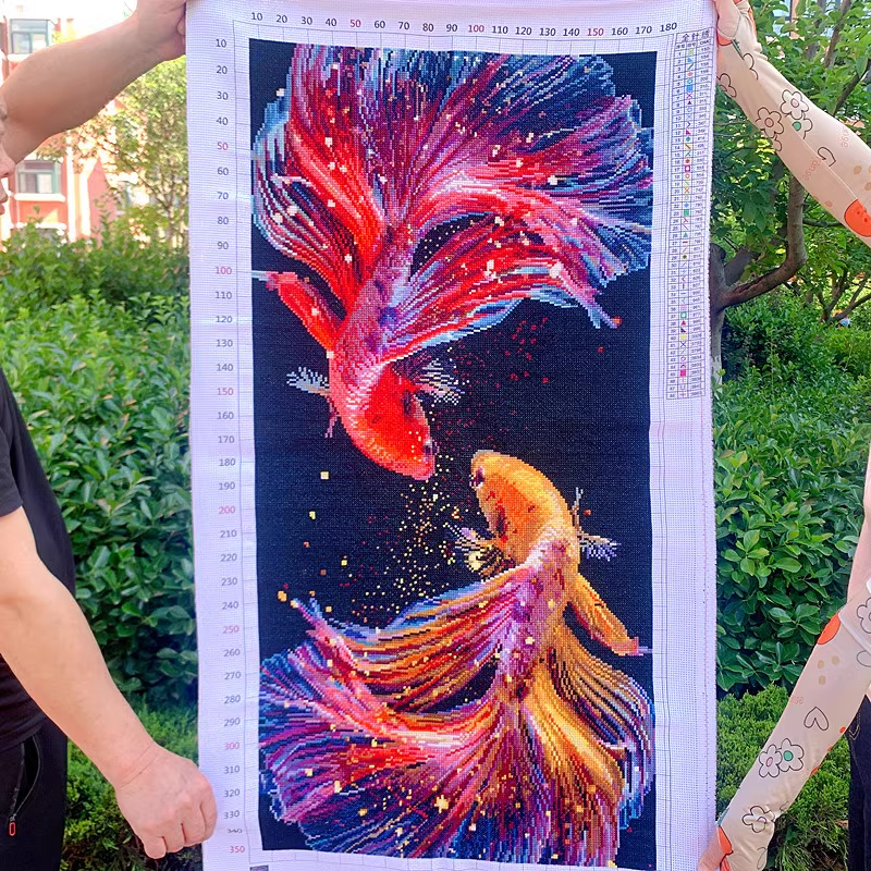 pla-1122 *สินค้าหมด* ชุดปักครอสติช ลายคู่ปลากัด (ปักเต็มผืนผ้า ไม่มีเดินเส้น ปักครั้งละ 3 เส้นเล็ก) ขนาด 50*90 ซม.ผ้าครอสติช 11CTพิมพ์ลายปักเต็มลายผ้า ไหมคอตตอน 48 สี ผังลาย เข็ม