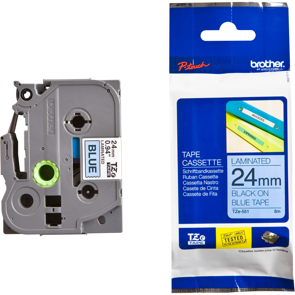 เทปพิมพ์อักษร BROTHER 24 mm. - อักษรดำพื้นน้ำเงิน TZE-551
