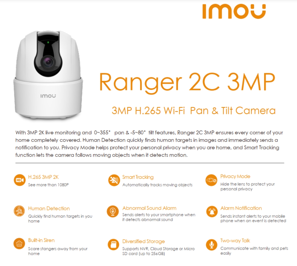 IMOU IPC-TA32CP-L : RANGER 2C 3MP กล้องวงจรปิด WIFI 3MP Indoor ไม่มี Port LAN, สำหรับใช้แบบ WIFI เท่านั้น, มีไมค์และลำโพงในตัว ใส่การ์ดได้ BY BILLIONAIRE SECURETECH IPC-TA32CP-L