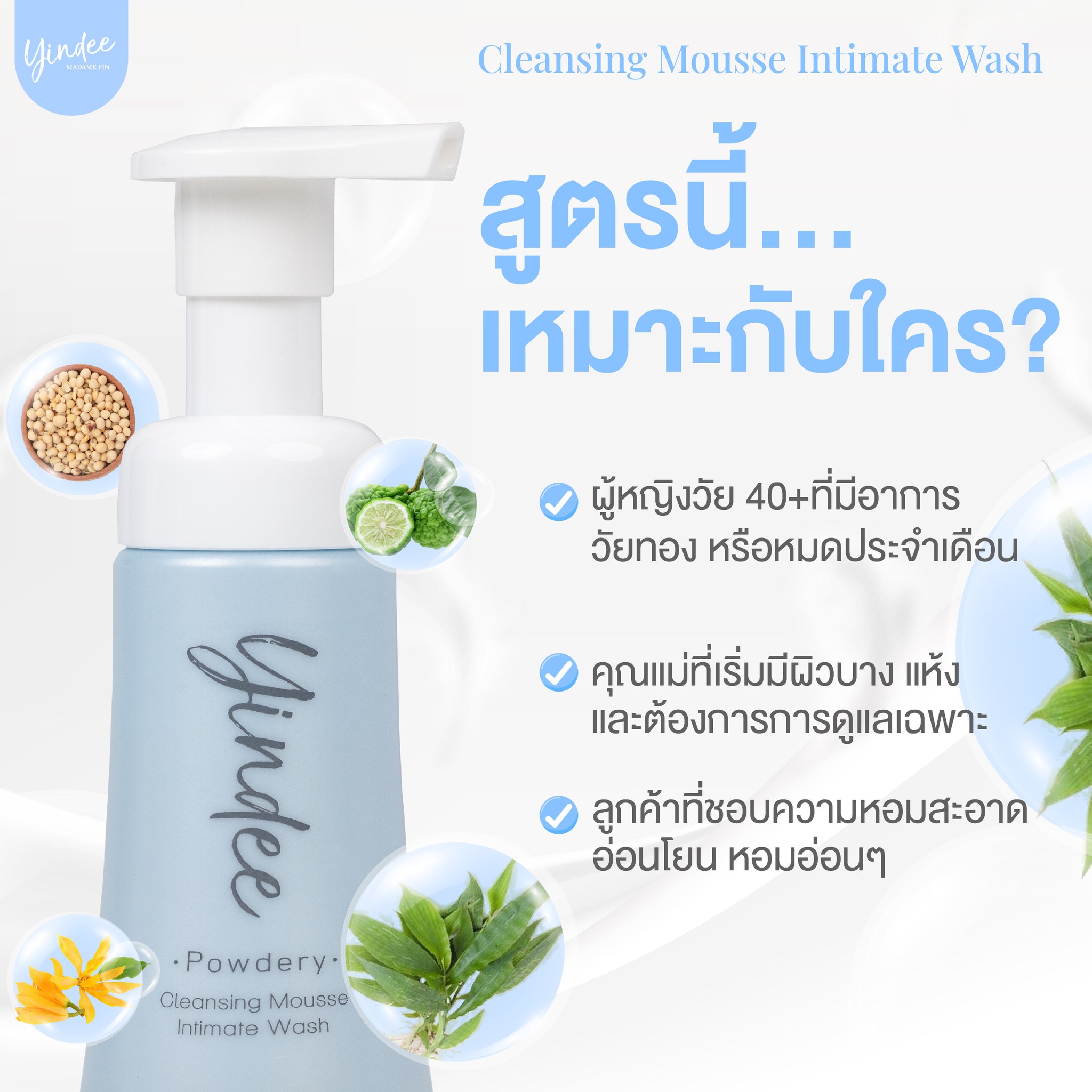 มูสมาดามฟิน ( โปร Y2 ) ยินดีมูสทำความสะอาดจุดซ่อนเร้น 2 ขวด สีฟ้า สูตรพาวเดอร์รี่