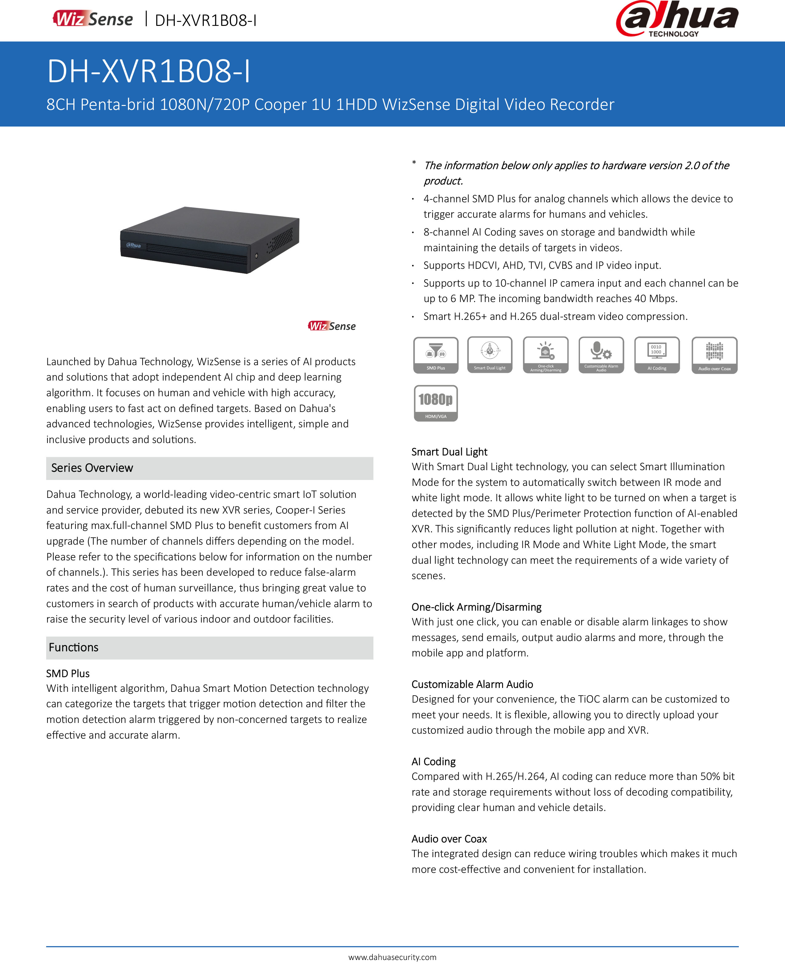 DAHUA DH-XVR1B08-I (8 CH) เครื่องบันทึกกล้องวงจรปิดสำหรับกล้องวงจรปิดระบบ HD BY BILLIONAIRE SECURETECH DH-XVR1B08-I