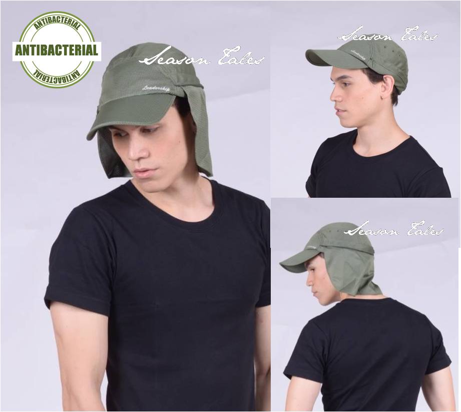 หมวกตกปลา หมวกเดินป่า หมวกแก๊ปปิดคอ เก็บปลายผ้าได้ แอนตี้แบคทีเรีย (สีเขียวขี้ม้า) by Season Tales