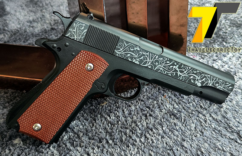 ปืนอัดลมเหล็ก Colt 1911 Limited Edition ชักยิงทีล่ะนัด ลำกล้องยาว 7.5 นิ้ว หนัก 491 กรัม ใช้ลูกกระสุนพลาสติก 6 มิล