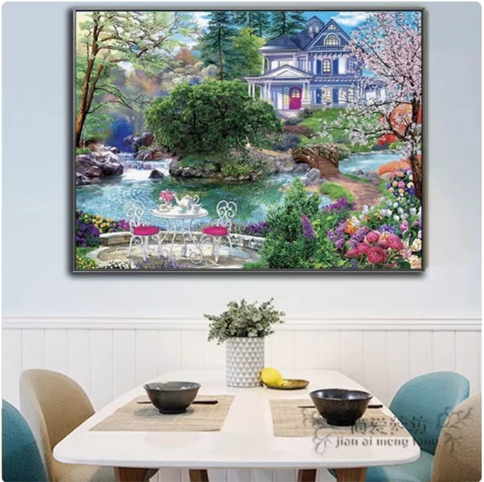 home-1136 *สินค้าหมด* ชุดปักครอสติช ลายบ้านใหญ่ในสวนสวย (ปักเต็มผืนผ้า ไม่มีเดินเส้น ผ้า14CTพิมพ์ลาย ปัก 2 เส้นเล็ก) ขนาด 62*52 ซม.ผ้าครอสติช 14CTพิมพ์ลายปักบนผ้า ไหมคอตตอน 60 สี ผังลาย เข็ม