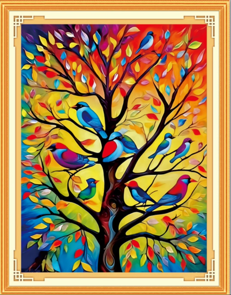 bird-1119 *สินค้าหมด* ชุดปักครอสติช ลายฝูงนกเกาะต้นไม้หลากสี (ปักเต็มผืนผ้า ไม่มีเดินเส้น ผ้า11CTพิมพ์ลาย ปัก 3 เส้นเล็ก) ขนาด 50*63 ซม.ผ้าครอสติช 11CTพิมพ์ลายปักเต็มลายผ้า+ไหมคอตตอน 30 สี+ผังลาย+เข็ม