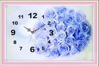 clock-2027 *พร้อมส่ง* ชุดภาพติดคริสตัลกลม ลายนาฬิกาช่อกุหลาบฟ้า (งานติดเต็มภาพ) ขนาด 40*30 ซม. ผ้าแคนวาสลงผังลายเต็ม คริสตัลกลม 17 สี (มีตัวเรือนนาฬิกา) อุปกรณ์ครบชุด