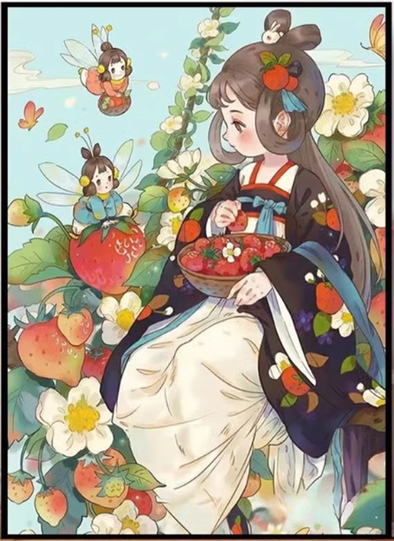girl-1104 *สินค้าหมด* ชุดปักครอสติช ลายสาวน้อยสตรอเบอรี่ (ปักเต็มผืนผ้า ไม่มีเดินเส้น ผ้าตาใหญ่ ปักครั้งละ 4 เส้นเล็ก) ขนาด 64*84 ซม.ผ้าครอสติช 9CTพิมพ์ลายปักบนผ้า ไหมคอตตอน 39 สี ผังลาย เข็ม