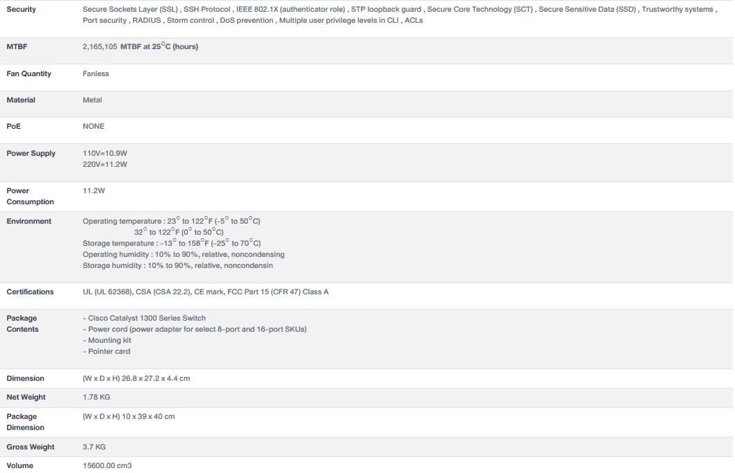 CISCO C1300-16T-2G Gigabit Switch 16x 10/100/1000 ports, 2x Gigabit SFP BY BILLIONAIRE SECURETECH CISCO C1300-16T-2G