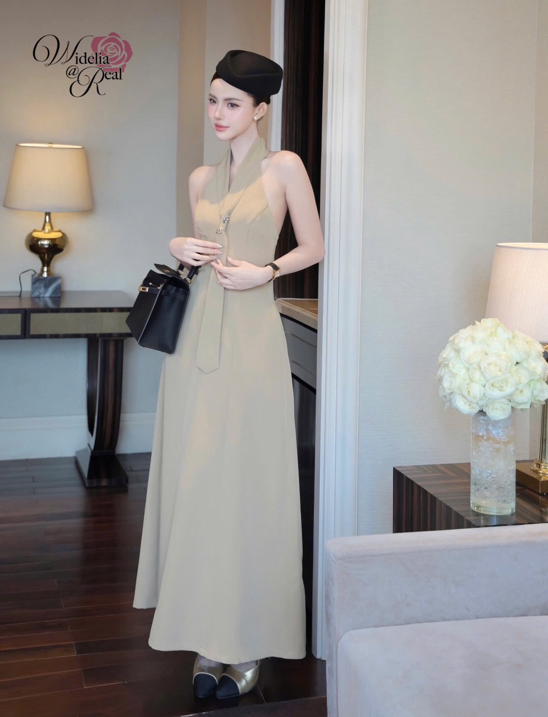 Korea Maxi dress แม็กซี่เดรส คอเน็คไท แต่งอะไหล่เงิน