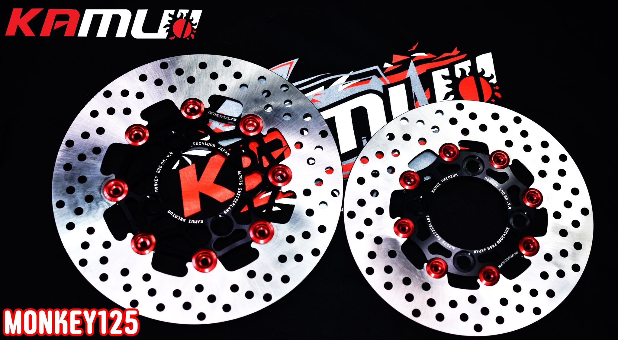 จานดิสก์monkey125 KAMUI ราคาชุดละ6000 หน้า 220 มิล.+หลัง 190 มิล. ลาย POWER-SLOT V.4 ข้อดีของจาน Floating - จานดิสก์ สแตนเลส 410BB จาก ญี่ปุ่น ผ่านการชุบแข็ง - อลูมิเนียม 7075 T651 จาก สวิตเซอร์แลนด์ - ใส่ปั๊ม Brembo ไม่ติดหมุด ไม่ต้องตัดผ้าเบรค - จับหน้า