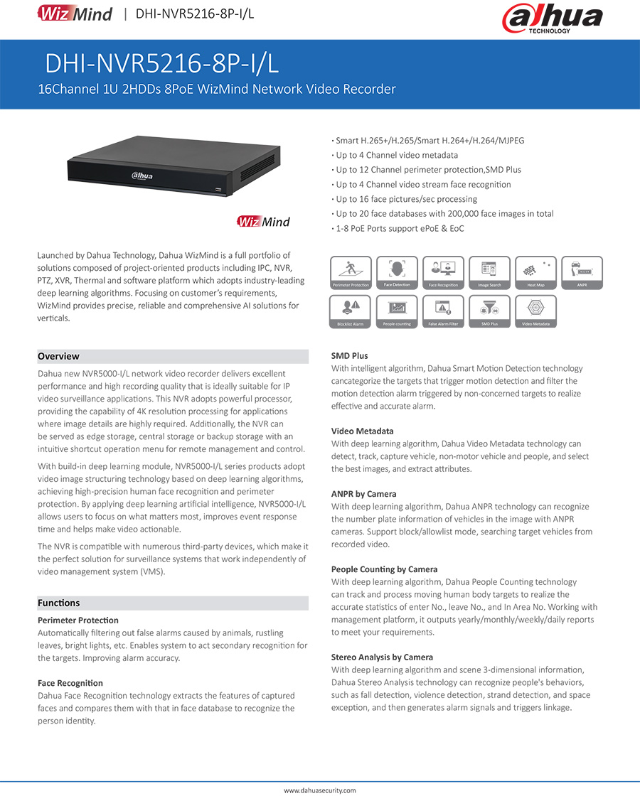 DAHUA DHI-NVR5216-8P-I/L NVR 16Channel 1U 2HDDs 8PoE WizMind BY BILLIONAIRE SECURETECH DHI-NVR5216-8P-I/L