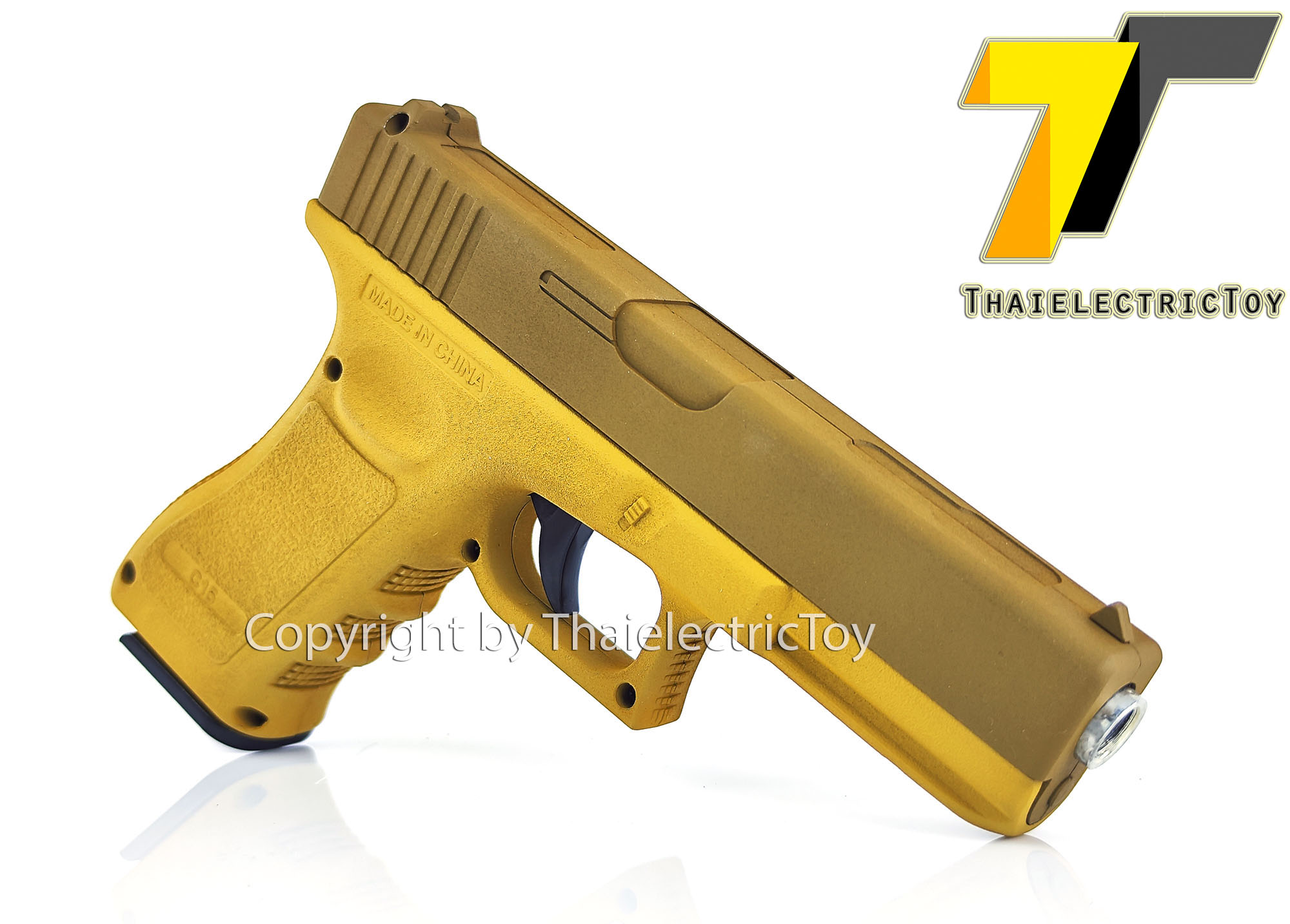 ปืนอัดลมเหล็ก Glock 17 สีทูโทน ชักยิงทีล่ะนัด ลำกล้องยาว 7 นิ้ว หนัก 668 กรัม ใช้ลูกกระสุนพลาสติก 6 มิล