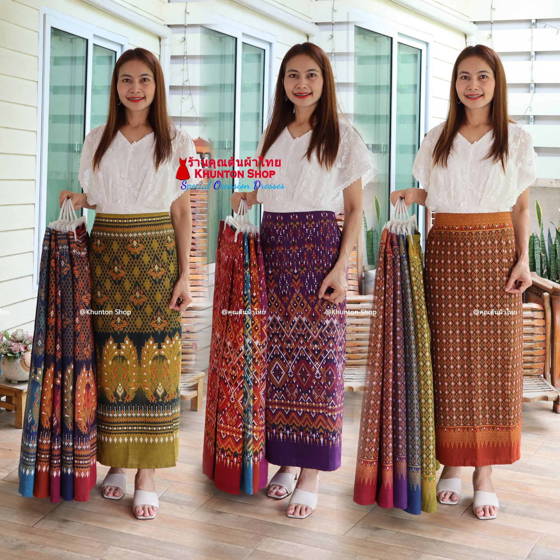 11C-01 กางเกงกระโปรง ป้ายหน้า (กระเปง) ผ้าฝ้ายพิมพ์ลาย ผ้าไทย เอวยืดสม็อคหลัง มีกระเป๋า กางเกงผ้าถุง