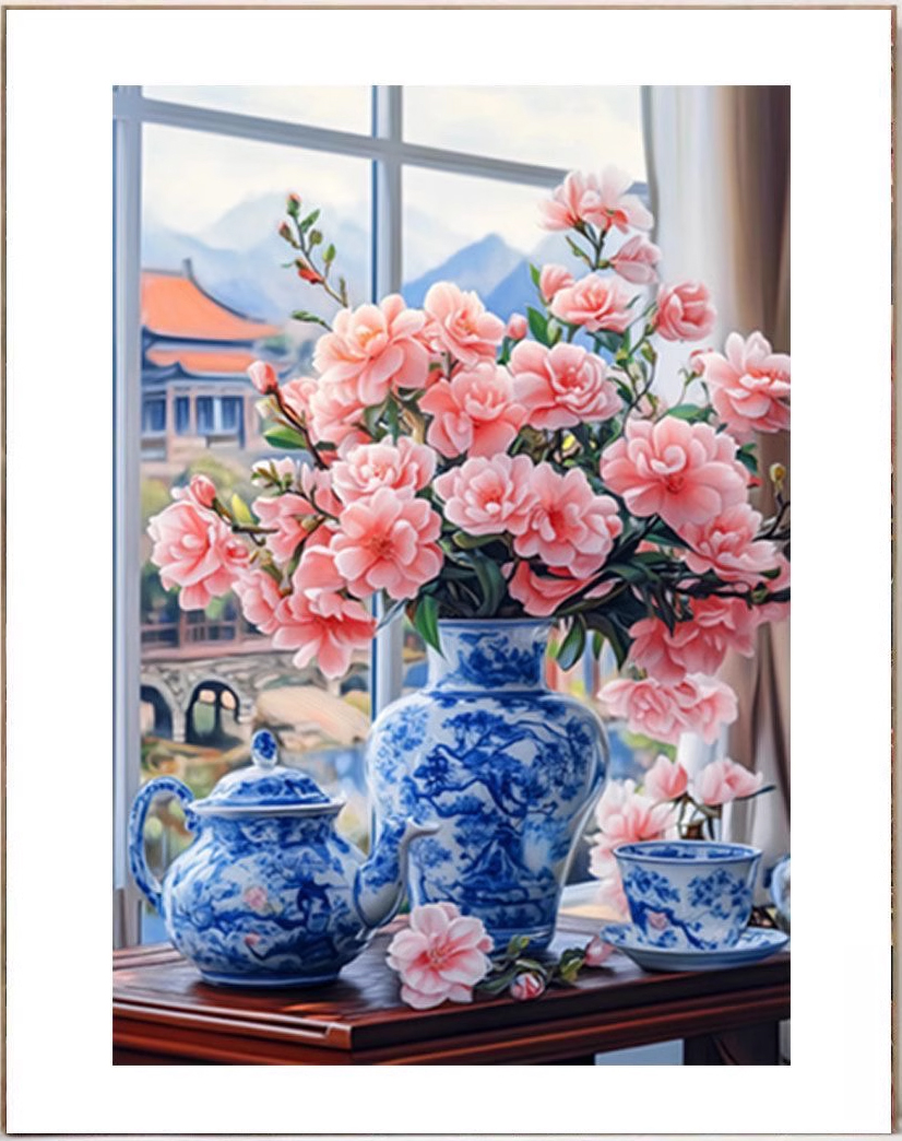 tea-1007 *พร้อมส่ง* ชุดปักครอสติช ลายชุดน้ำชาคามิเลีย (ปักเต็มผืนผ้า ไม่มีเดินเส้น ผ้า11CTพิมพ์ลาย ปัก 3 เส้นเล็ก) ขนาด 50*70 ซม.ผ้าครอสติช 11CTพิมพ์ลายปักบนผ้า ไหมคอตตอน 40 สี ผังลาย เข็ม