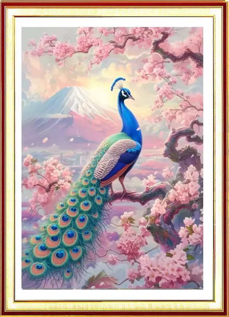 peacock-1015 *สินค้าหมด* ชุดปักครอสติช ลายนกยูงเกาะกิ่งซากุระ (ปักเต็มผืนผ้า ไม่มีเดินเส้น ผ้า11CTพิมพ์ลาย ปัก 3 เส้นเล็ก) ขนาด 50*70 ซม.ผ้าครอสติช 11CTพิมพ์ลายปักบนผ้า ไหมคอตตอน 19 สี ผังลาย เข็ม