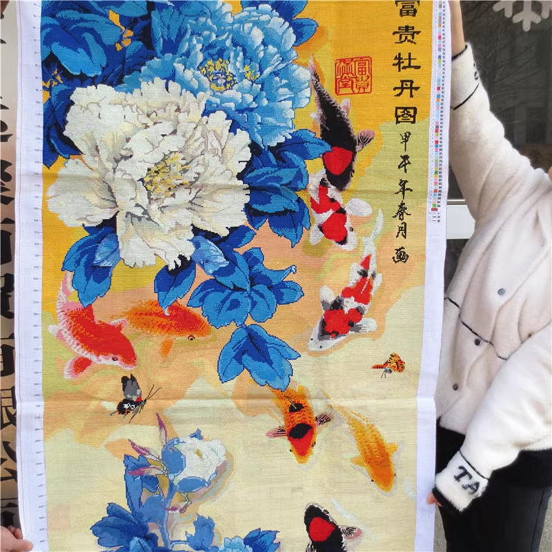 pla-1133 *สินค้าหมด* ชุดปักครอสติช ลาย 9 ปลาคาร์ป กับช่อโบตั๋น (งานปักเต็มลาย ปักครั้งละ 3 เส้นเล็ก) ขนาด 54*101 ซม.ผ้าครอสติช 11CTพิมพ์ลายปักบนผ้า ไหมคอตตอน 57 สี ผังลาย เข็ม