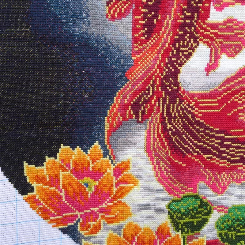 pla-1108 *สินค้าหมด* ชุดปักครอสติช ลายปลาทองใต้เงาจันทร์ (ปักเต็มผืนผ้า ไม่มีเดินเส้น ผ้า11CTพิมพ์ลาย ปัก 3 เส้นเล็ก) ขนาด 60*60 ซม.ผ้าครอสติช 11CTพิมพ์ลายปักบนผ้า ไหมคอตตอน 42 สี ผังลาย เข็ม