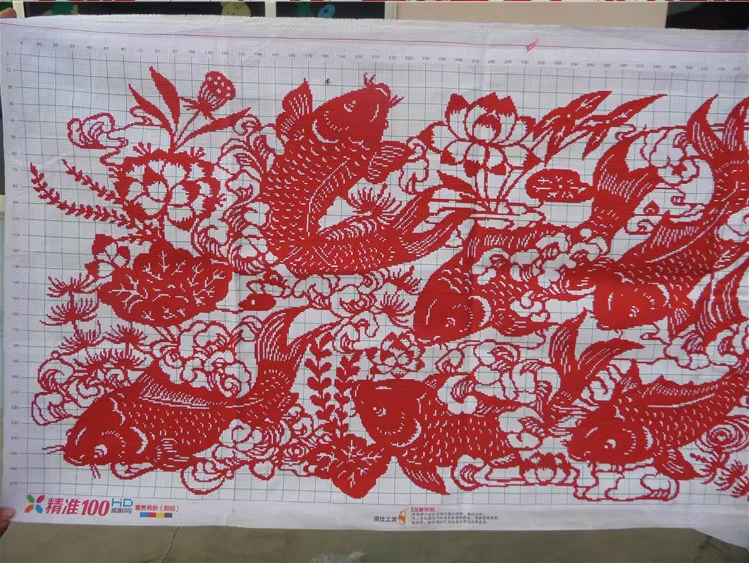 pla-1135 *สินค้าหมด* ชุดปักครอสติช ลาย 9 ปลาหลี่ฮื้อเรียกทรัพย์ (ไม่มีเดินเส้น ไม่มีผังลาย ปักสีแดงสีเดียว ผ้า11CTพิมพ์ลาย ปัก 3 เส้นเล็ก) ขนาด 150*57 ซม.ผ้าครอสติช11CTพิมพ์ลายปักบนผ้า+ไหมคอตตอน สีแดง+เข็ม