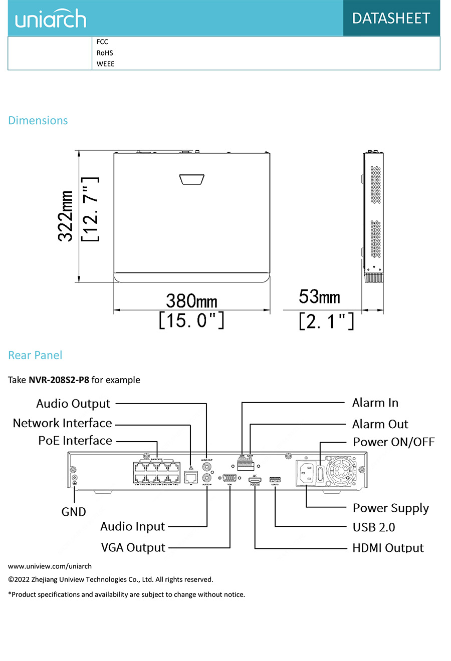 UNIARCH NVR-208S2-P8 เครื่องบันทึกกล้องวงจรปิด IP CAMERA (NVR) 8CH 8POE ONVIF ใส่ HDD ได้ 2 ลูก BY BILLIONAIRE SECURETECH NVR-208S2-P8