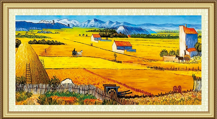 view-1131 *สินค้าหมด* ชุดปักครอสติช ลายภาพวาดแวนโก๊ะ The Harvest ฤดูเก็บเกี่ยว (ปักเต็มผืนผ้า ไม่มีเดินเส้น ผ้า11CTพิมพ์ลาย ปัก 3 เส้นเล็ก) ขนาด 84*45 ซม.ผ้าครอสติช 11CTพิมพ์ลายปักบนผ้า ไหมคอตตอน 32 สี ผังลาย เข็ม