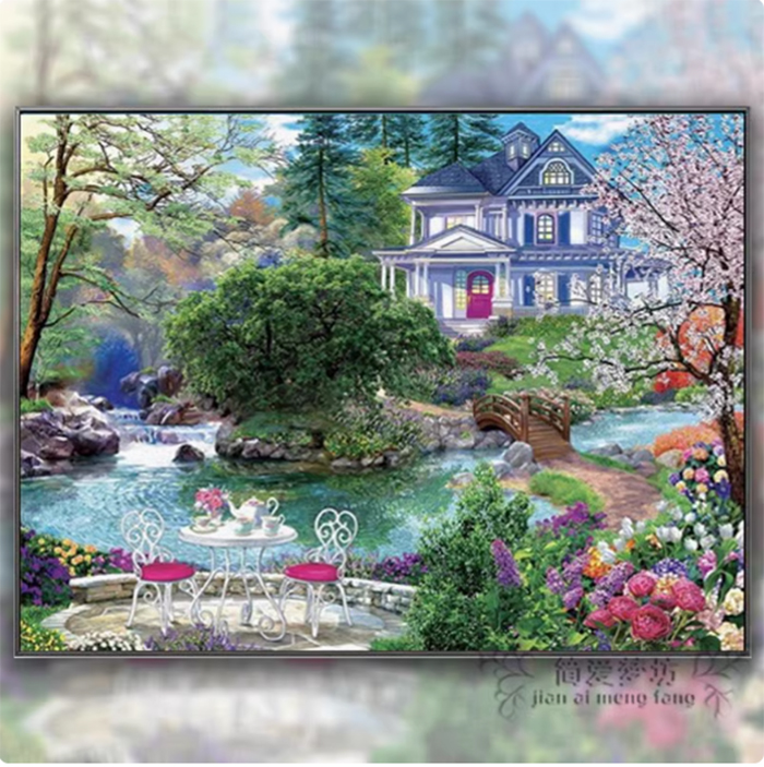 home-1136 *สินค้าหมด* ชุดปักครอสติช ลายบ้านใหญ่ในสวนสวย (ปักเต็มผืนผ้า ไม่มีเดินเส้น ผ้า14CTพิมพ์ลาย ปัก 2 เส้นเล็ก) ขนาด 62*52 ซม.ผ้าครอสติช 14CTพิมพ์ลายปักบนผ้า ไหมคอตตอน 60 สี ผังลาย เข็ม