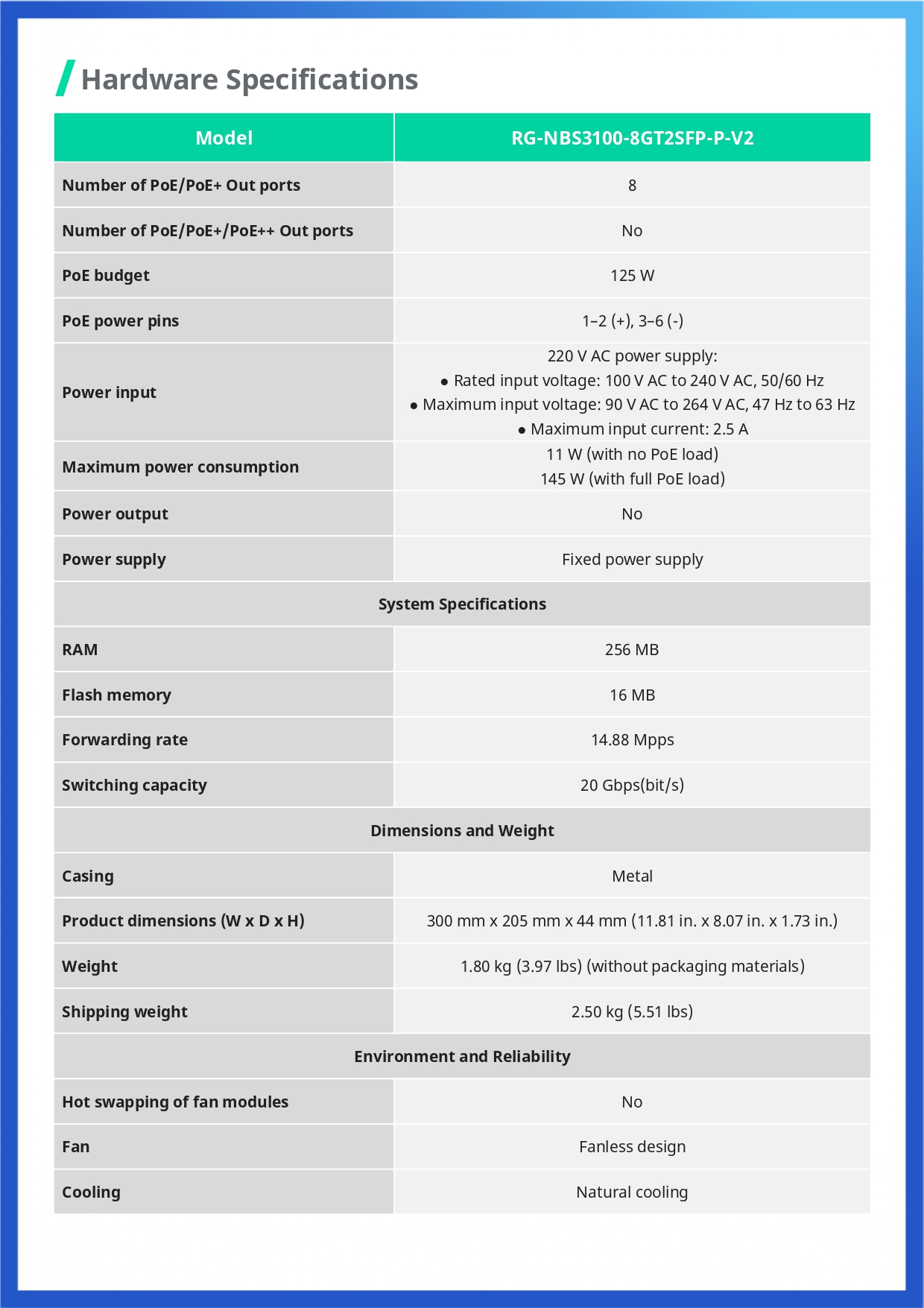 RUIJIE RG-NBS3100-8GT2SFP-P-V2 / 10 Port Gigabit Cloud Manage POE+ Switch Layer 2, 8 Port POE Gigabit + 2 Port SFP 125W BY BILLIONAIRE SECURETECH RG-NBS3100-8GT2SFP-P-V2