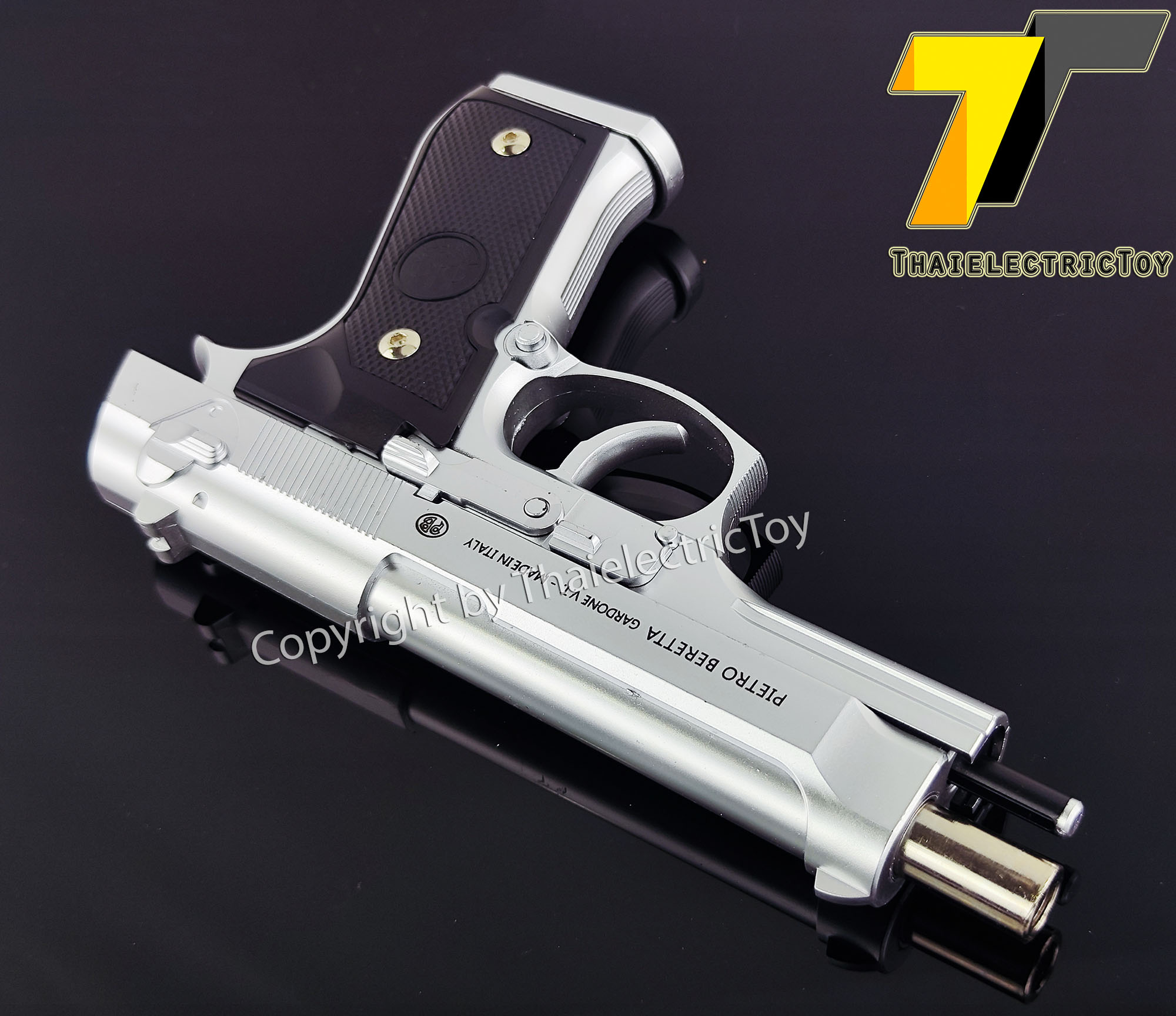 ปืนอัดลมพลาสติก Beretta สีบอร์นเงิน ชักยิงทีล่ะนัด ลำกล้องยาว 8 นิ้ว หนัก 213 กรัม