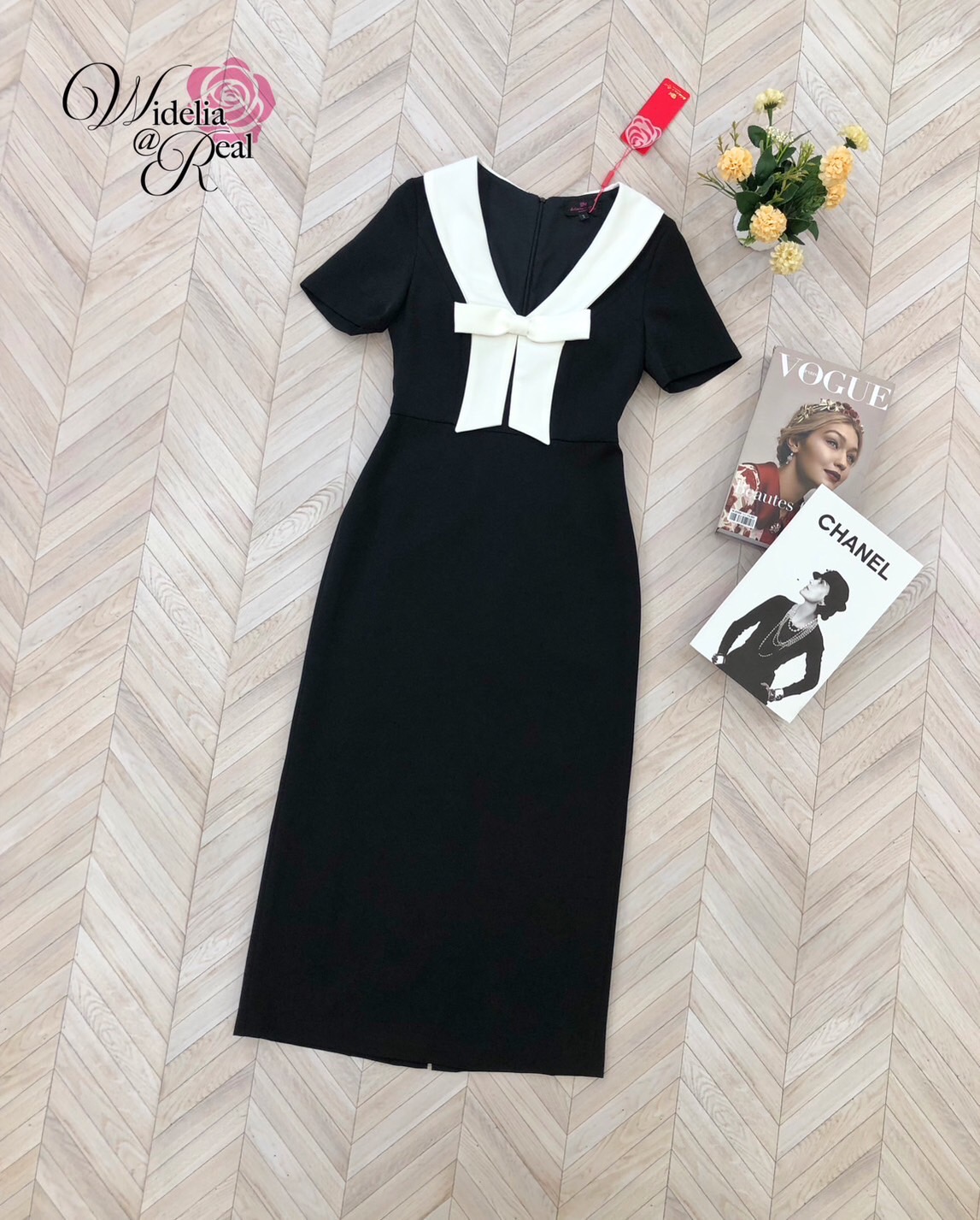 Korea Dress เดรสตัวยาว ทรงสอบ แขนสั้น อกโบว์ขาว