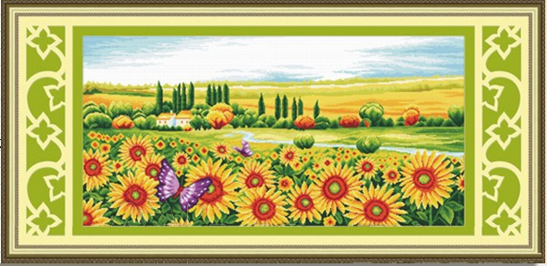 sunflower-1030 *สินค้าหมด* ชุดปักครอสติช ลายทุ่งทานตะวัน (ปักครั้งละ 3 เส้นเล็ก) ขนาด 107*57 ซม.ผ้าครอสติช 11CTพิมพ์ลายปักบนผ้า ไหมคอตตอน 31 สี ผังลาย เข็ม