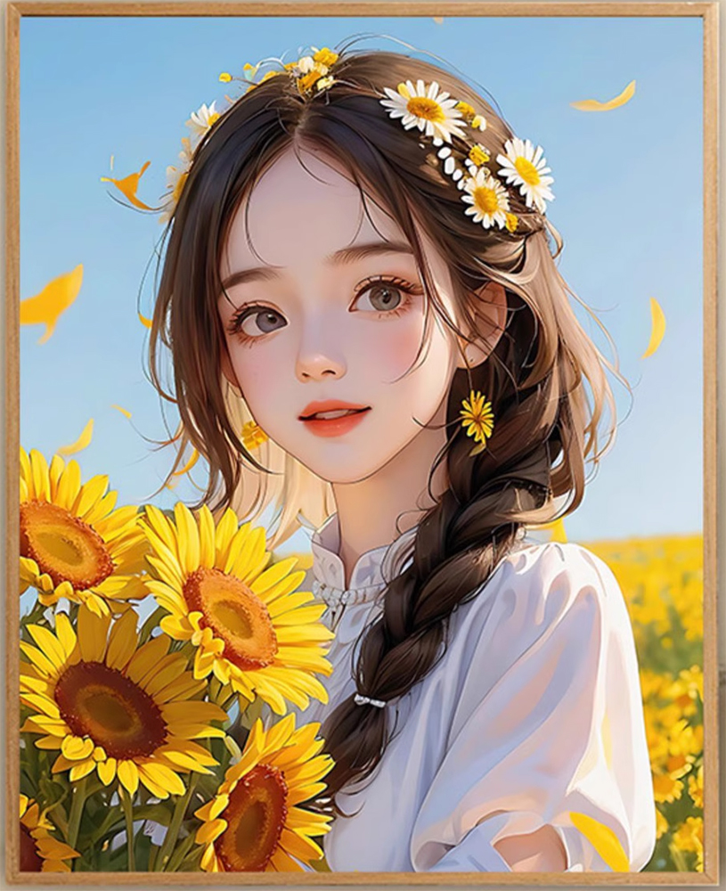 lady-1137 *สินค้าหมด* ชุดปักครอสติช ลายสาวน้อยในสวนทานตะวัน (ปักเต็มผืนผ้า ไม่มีเดินเส้น ปักครั้งละ 3 เส้นเล็ก) ขนาด 43*57 ซม.ผ้าครอสติช 11CTพิมพ์ลายปักบนผ้า ไหมคอตตอน 36 สี ผังลาย เข็ม