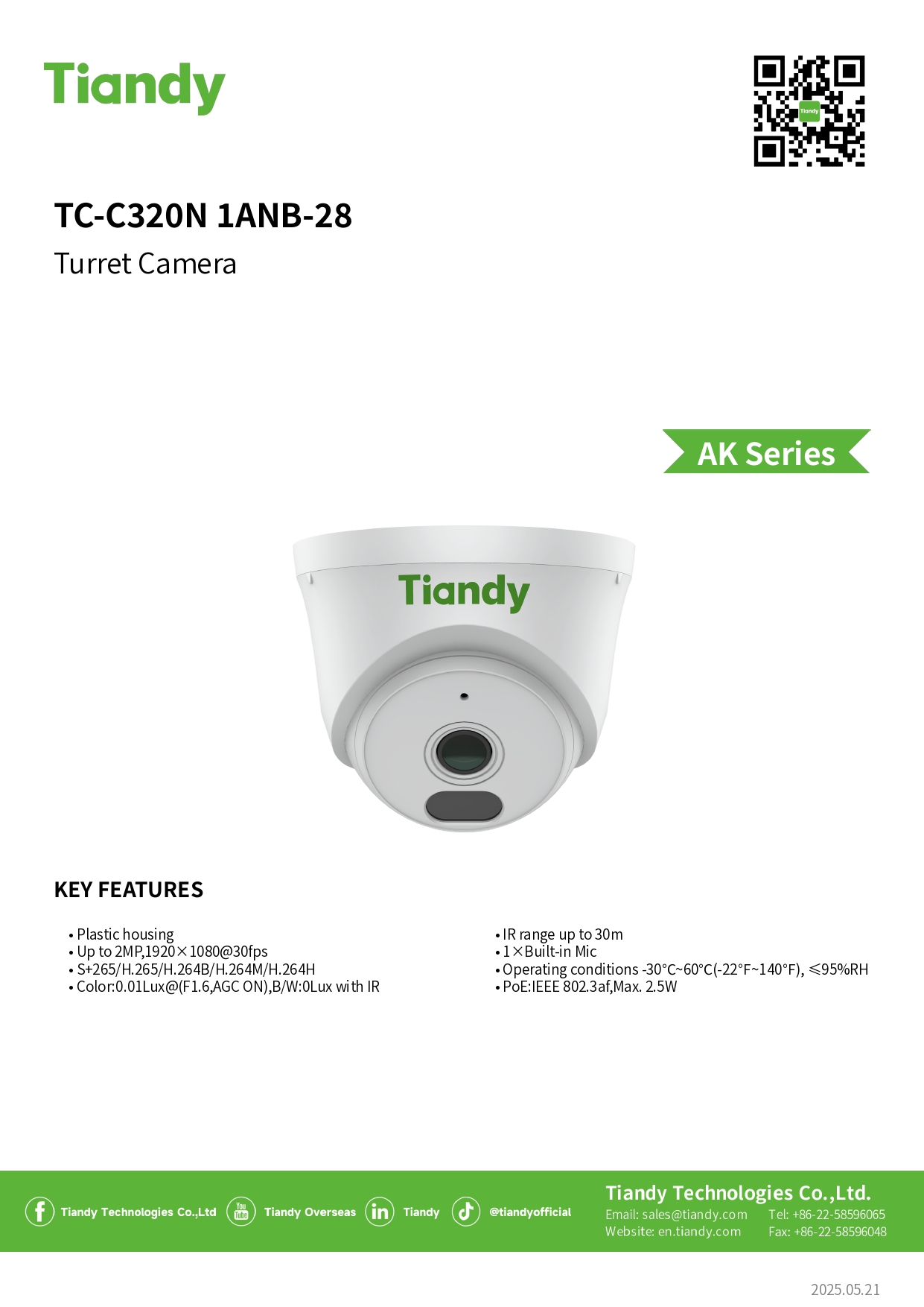 TIANDY TC-C320N 1ANB-28 (2.8MM.) กล้องวงจรปิด IP Camera 2MP IR range up to 30M., มีไมค์ในตัว BY BILLIONAIRE SECURETECH TIANDY TC-C320N 1ANB-28 (2.8MM.)