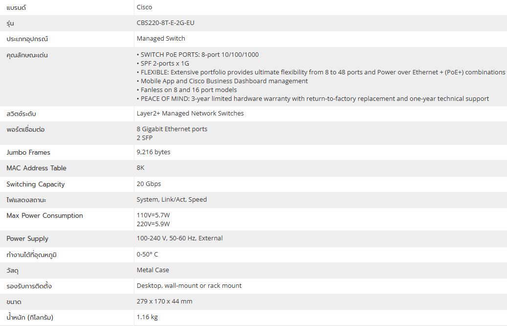 CISCO CBS220-8T-E-2G-EU Switch 8-port 10/100/1000 GE, 2x Gigabit SFP pluggable BY BILLIONAIRE SECURETECH CISCO CBS220-8T-E-2G-EU