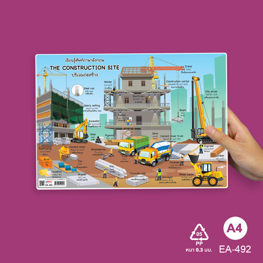 โปสเตอร์ความรู้ ป้ายนิเทศA4 EA-492 คำศัพท์ไทย-อังกฤษ บริเวณก่อสร้าง The Construction Site
