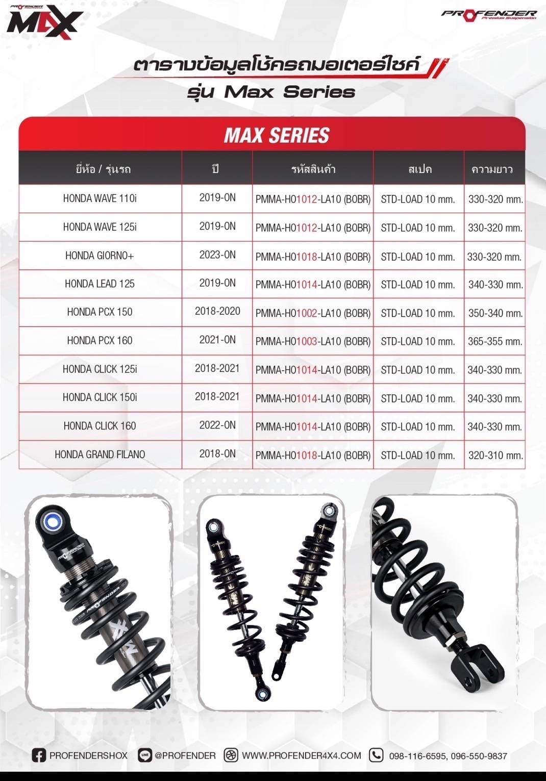 โช้ค Profeder MAX series ตรงรุ่น Giorno+ / Lead125 /click160 สปริงสี เหลือง ชมพู เขียว ม่วง น้ำเงิน ราคา2200