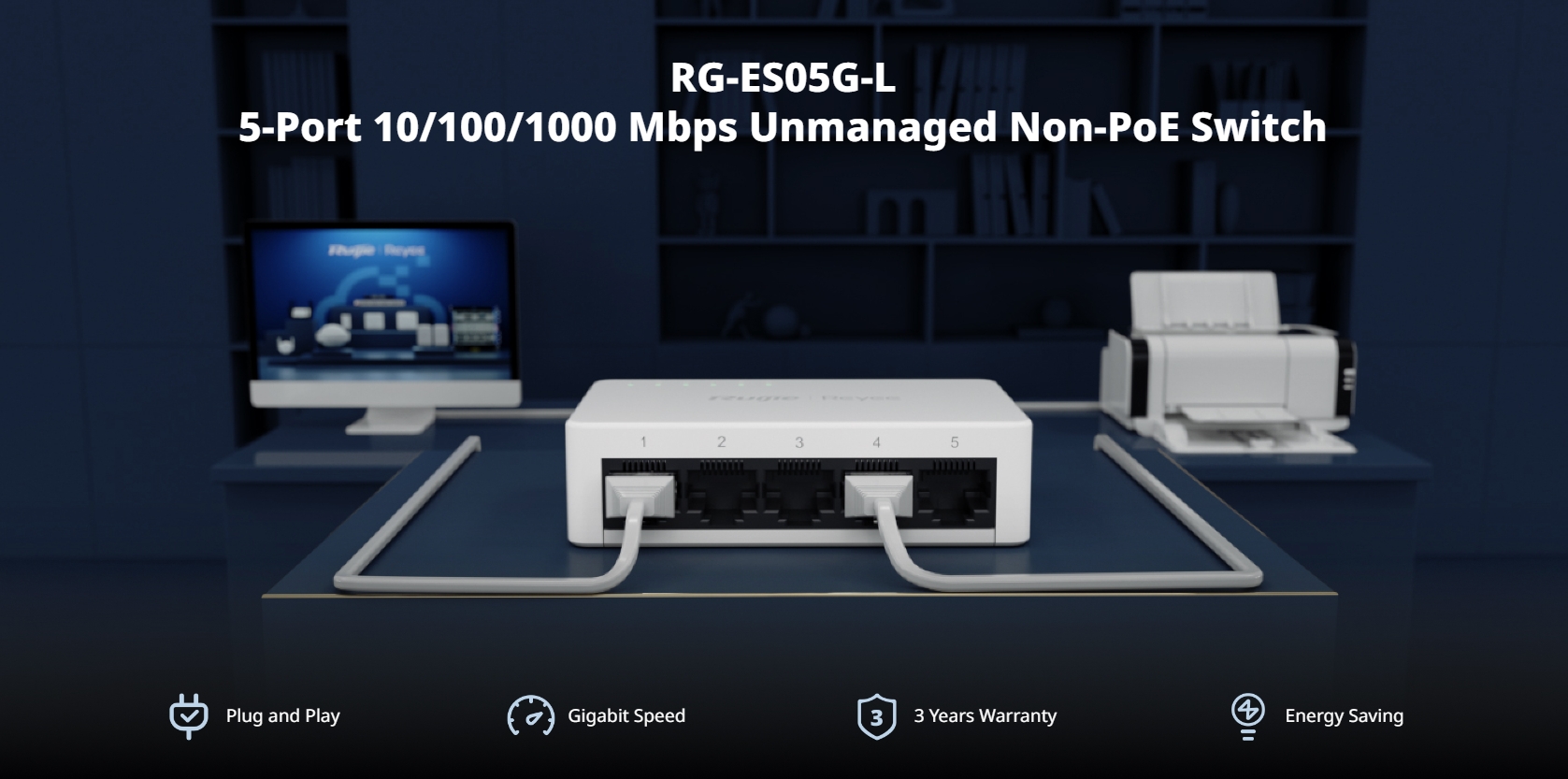 RUIJIE RG-ES05G-L : 5-Port 10/100/1000 Mbps Unmanaged Network Switch BY BILLIONAIRE SECURETECH RG-ES05G-L
