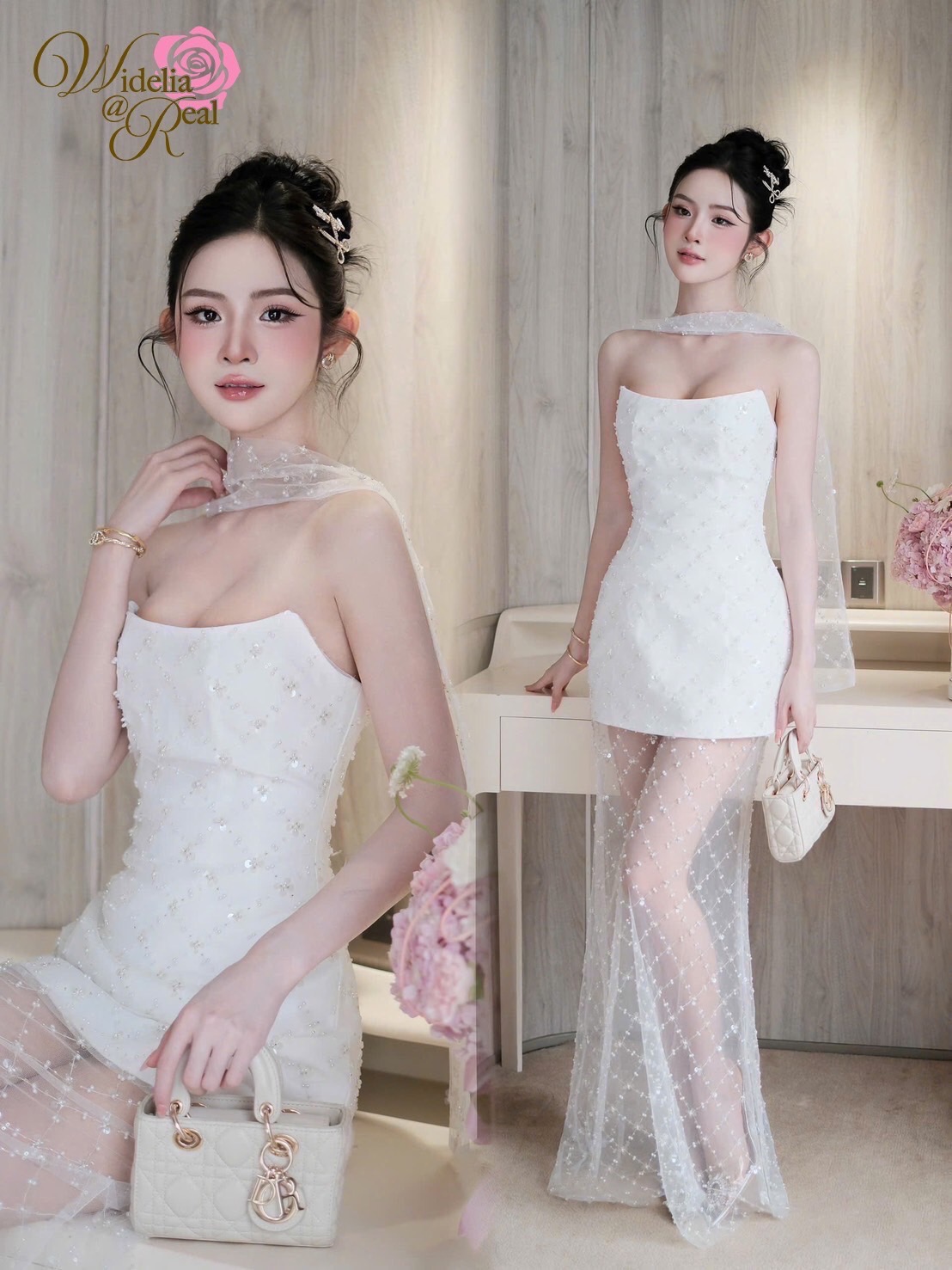 Korea Set 3 ชิ้น เดรสเกาะอก+กระโปรงยาวใส่ด้านใน+ผ้าพันคอ