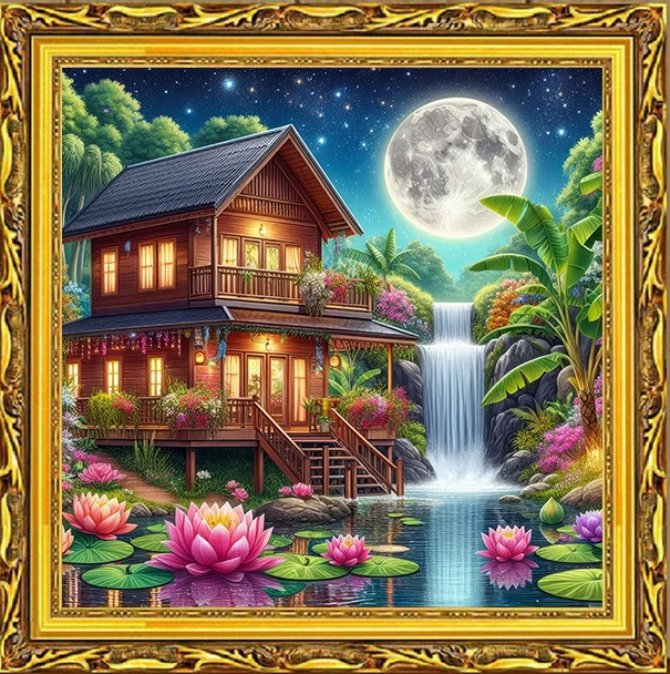 home-1162 *สินค้าหมด* ชุดปักครอสติช ลายบ้านใหญ่ในบึงบัว (ปักเต็มผืนผ้า ไม่มีเดินเส้น ผ้า11CTพิมพ์ลาย ปัก 3 เส้นเล็ก) ขนาด 60*60 ซม.ผ้าครอสติช 11CTพิมพ์ลายปักบนผ้า+ไหมคอตตอน 47 สี+ผังลาย+เข็ม