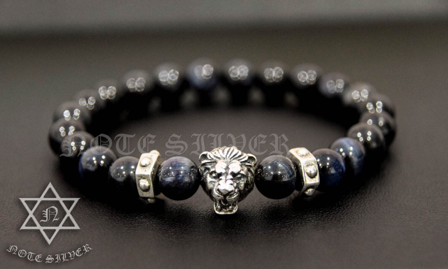 สร้อยข้อมือหินบลูไทเกอร์อายส์ Tiger's Eye หมุดสิงโต และโดนัดเงินแท้ Sterling Silver 925 NSSV1813