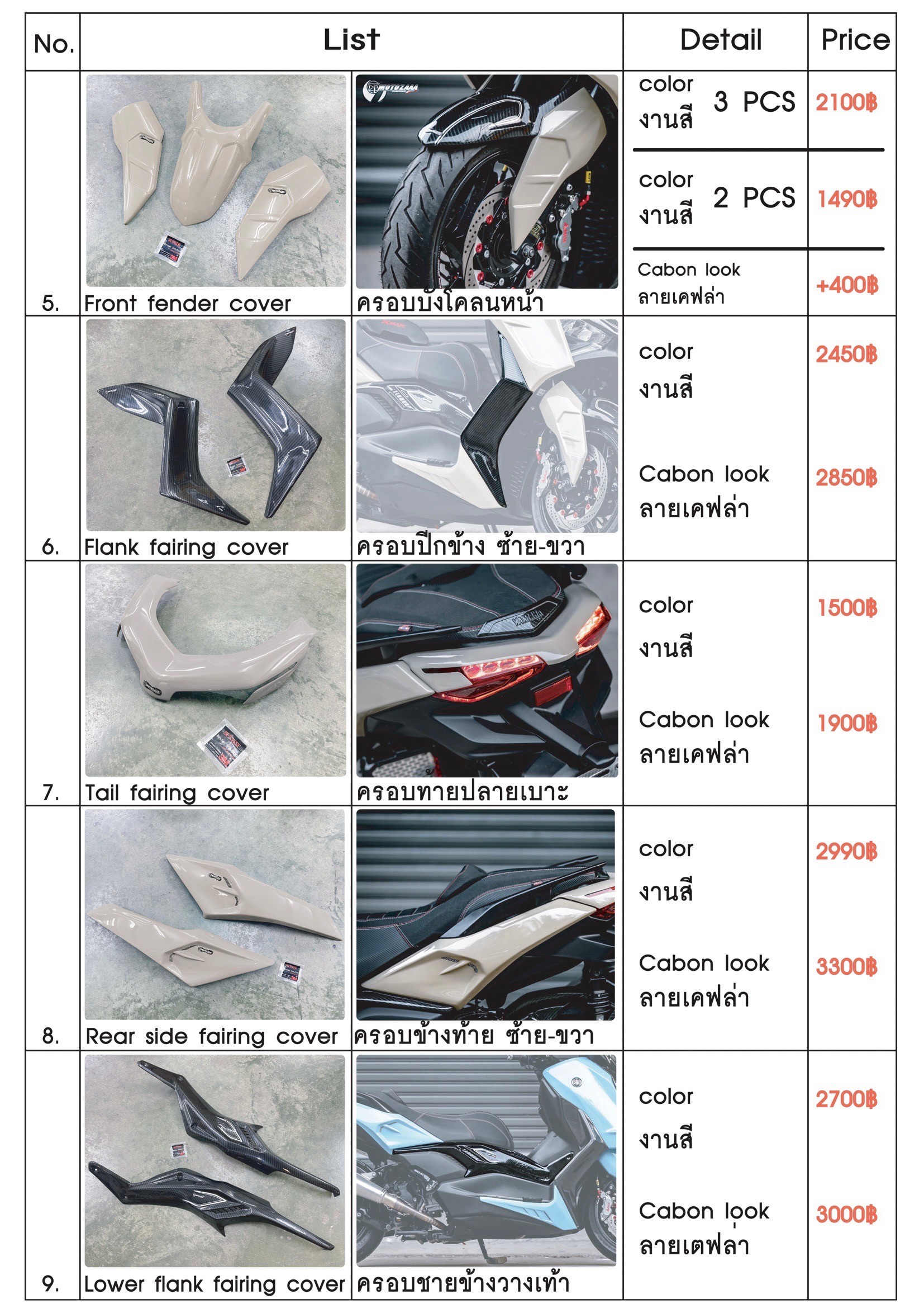 Xmax300 Body kit MotozAAA Body kit 1). ครอบหน้ากากหน้า Front fairing cover 1500฿ 2). ครอบกาบอกซ้าย-ขวา Big side fairing cover 2790฿ 3). ครอบบังโคลนหน้า Front fender cover แบบ3ชิ้น (ชุดเต็ม ) 2100 แบบ2ชิ้น (ข้าง R/L ) 1490฿ ( ลายเคฟล่า +250฿ ) 4). ครอบปีกข