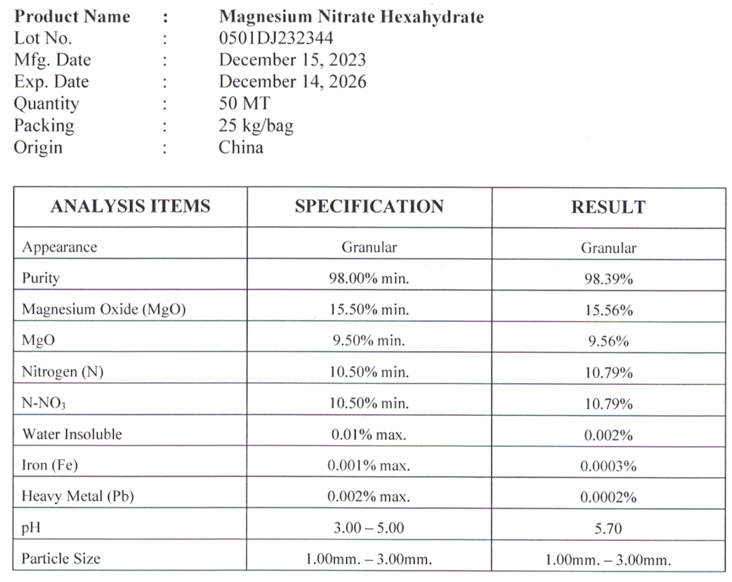 MgNO3 Magnesium Nitrate Hexahydrate 10-0-0 แมกนีเซียมไนเตรท 10-0-0+15MgO บรรจุ 25 กิโลกรัม