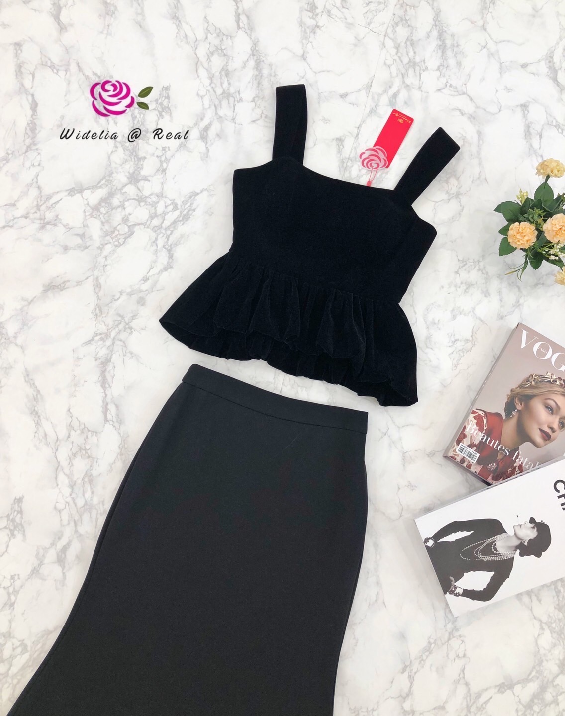 Korea Set เสื้อสายเดี่ยวกับกระโปรงยาว ตัวเสื้อผ้ากำมีหยี่