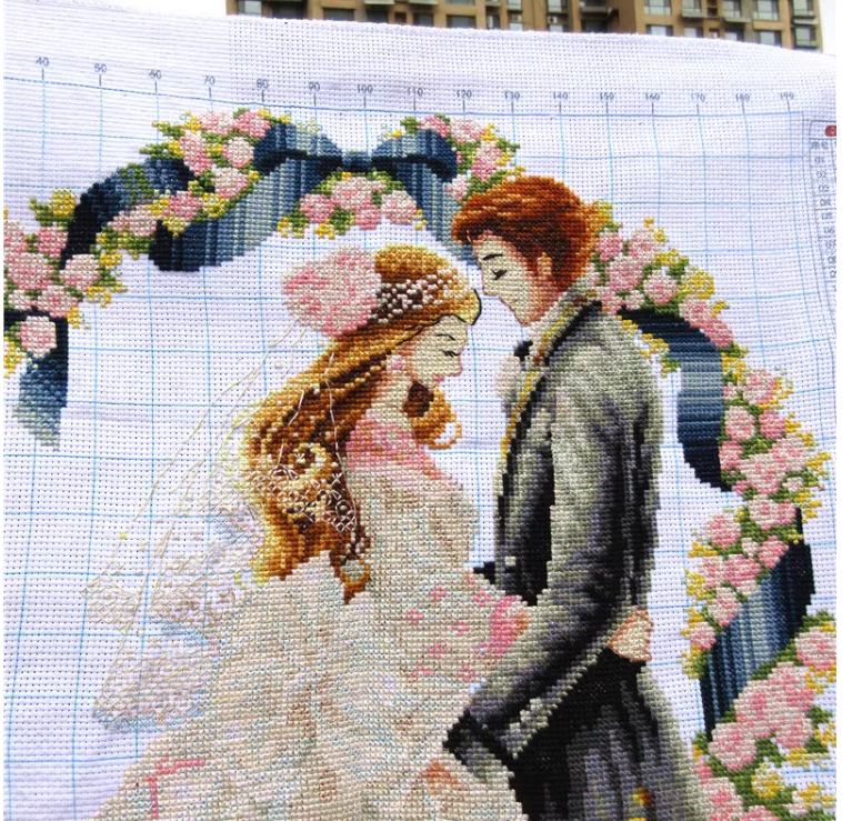 love-1009 *สินค้าหมด* ชุดปักครอสติช ลายวันแต่งงาน (ผ้า11CTพิมพ์ลาย ปัก 3 เส้นเล็ก) ขนาด 56*81 ซม.ผ้าครอสติช 11CTพิมพ์ลายปักบนผ้า+ไหมคอตตอน 44 สี+ผังลาย+เข็ม