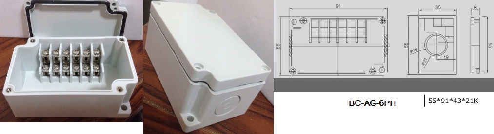 BOXCO Terminal Block Box IP66 (กล่องพลาสติก พร้อมเทอร์มินอลบล็อก) รุ่น BC-AG-6PH ขนาด 55x91x43 มม.