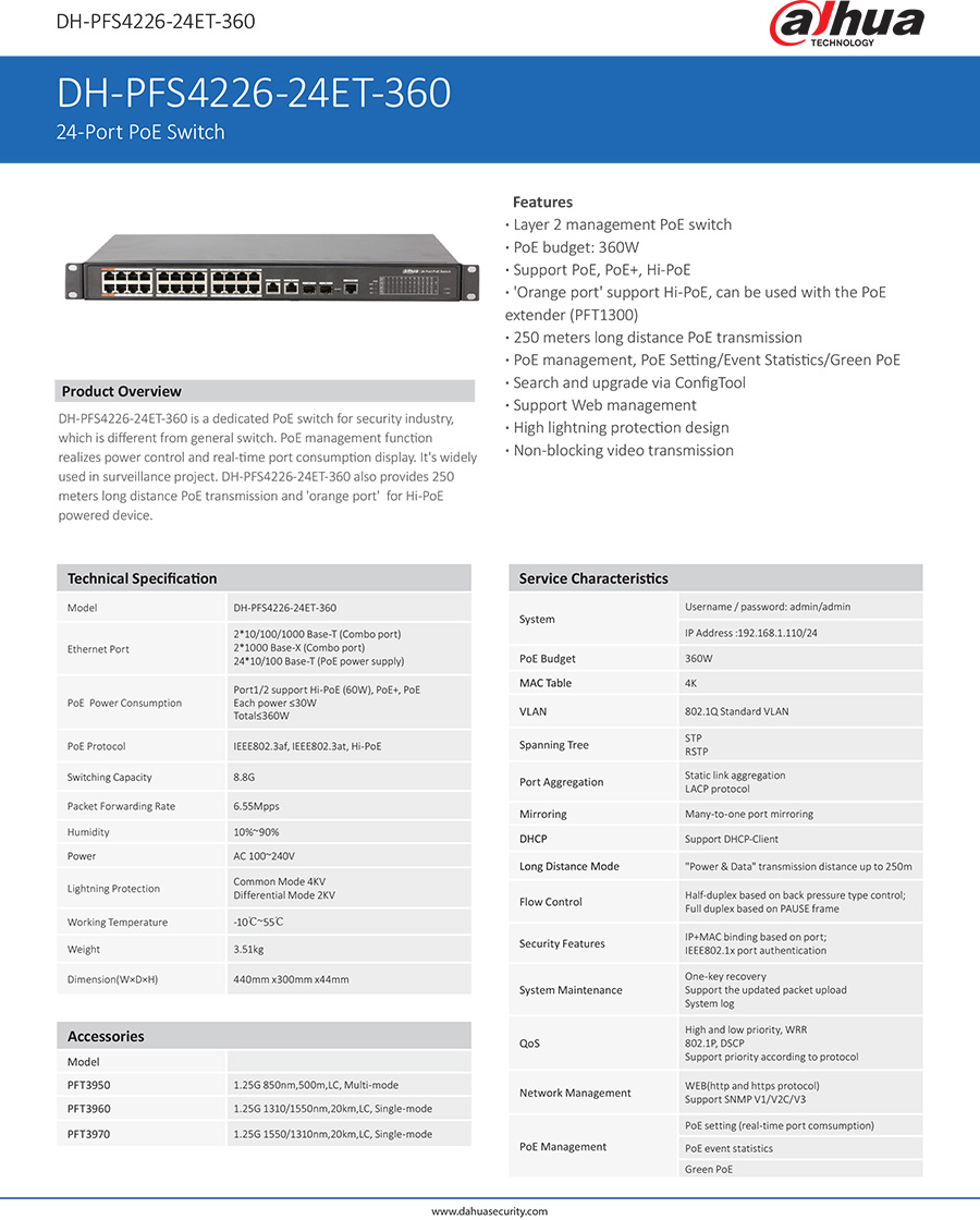 DAHUA DH-PFS4226-24ET-360 24-Port PoE Switch PoE+, Hi-PoE 360W BY BILLIONAIRE SECURETECH DH-PFS4226-24ET-360
