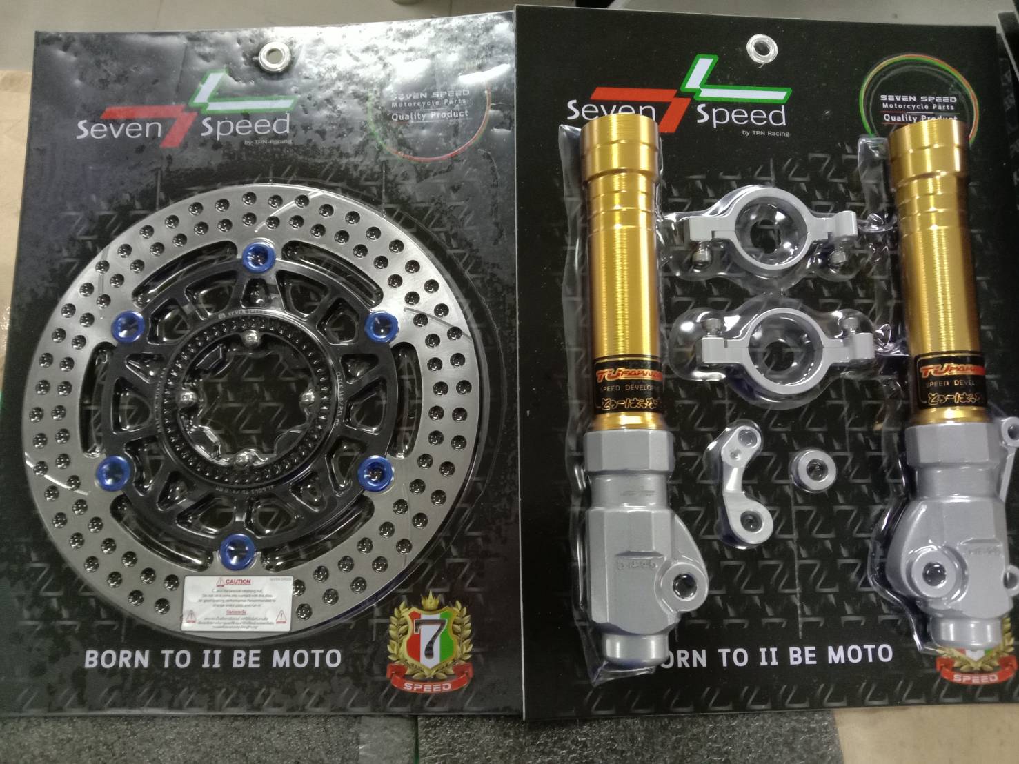 กระบอกโช็คหน้าแต่ง sevenspeed พร้อมขาปั้มเดิม สีทอง ดำ จานโต sevenspeed Honda Click 160 ราคาชุดละ5500