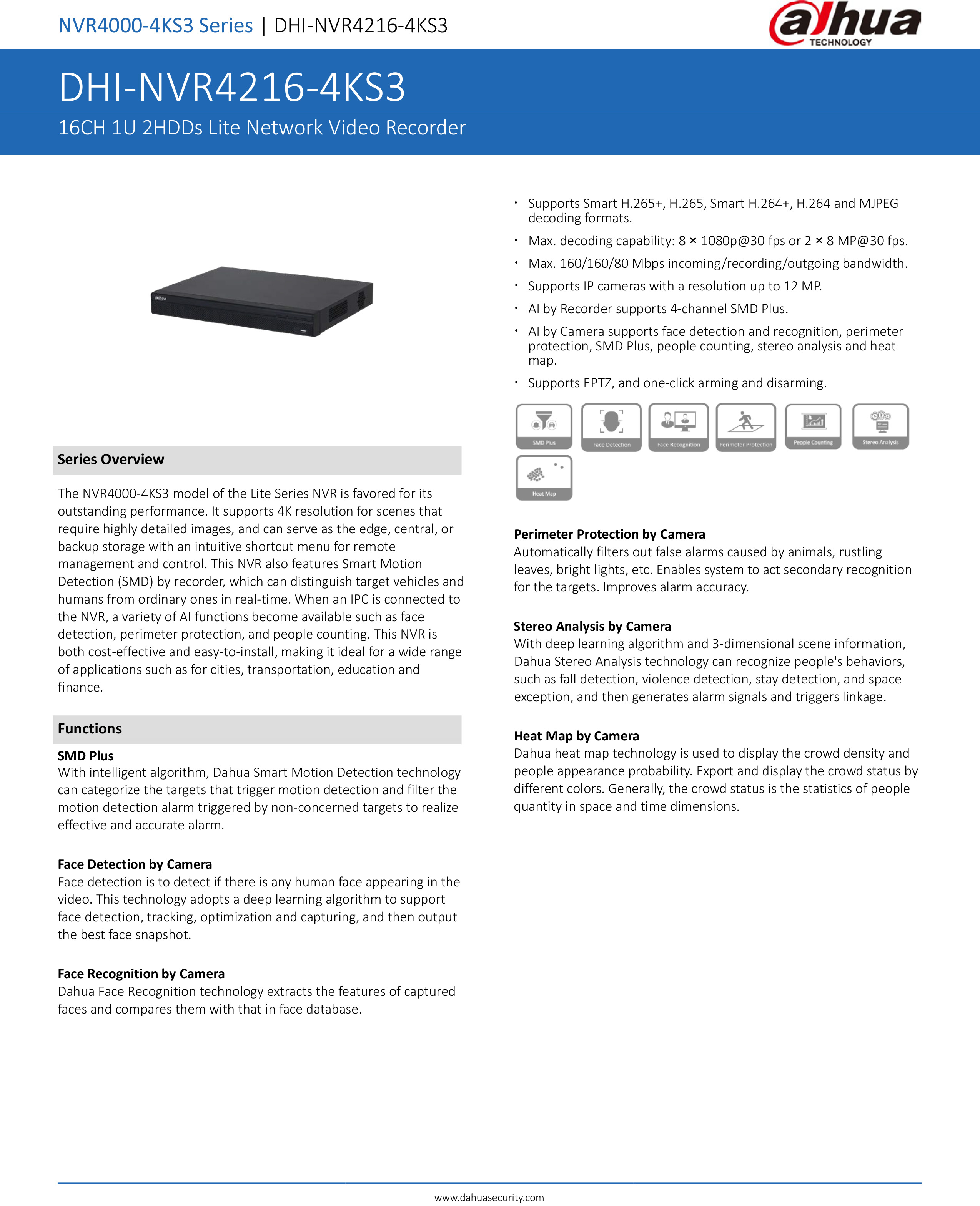 DAHUA NVR4216-4KS3 (16 CH) เครื่องบันทึกสำหรับกล้องวงจรปิดระบบ IP (NVR) ใส่ HDD ภายในได้สูงสุด 2 ลูก BY BILLIONAIRE SECURETECH NVR4216-4KS3